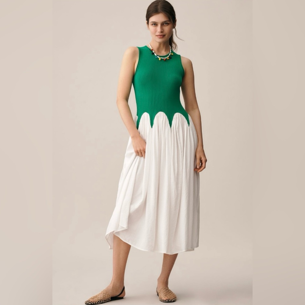 Anthropologie X Siempre mixed media Green/White Sleeveless size L Dress NWT!